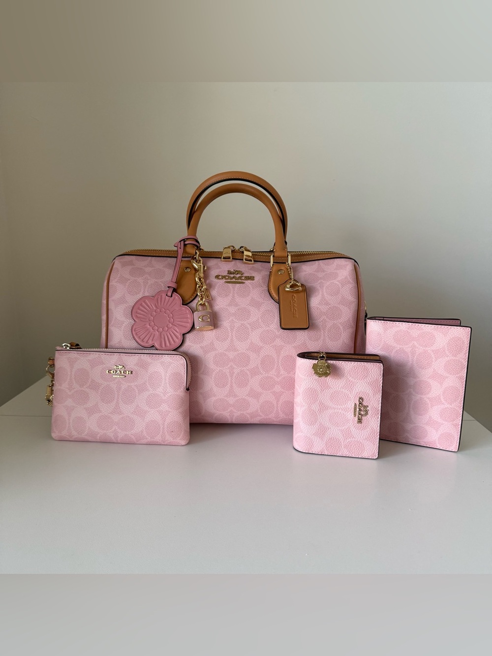 Coach Large Powder Pink  Rowan with Matching Pink Wallets and Passport holder
